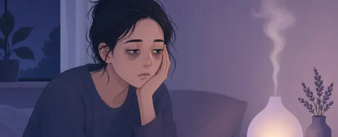 Femeie tristă în cameră cu difuzor de uleiuri esențiale.